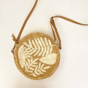 Anthropologie || Antik Kraft Embroidered Raffia Crossbody Bag Purse Tan